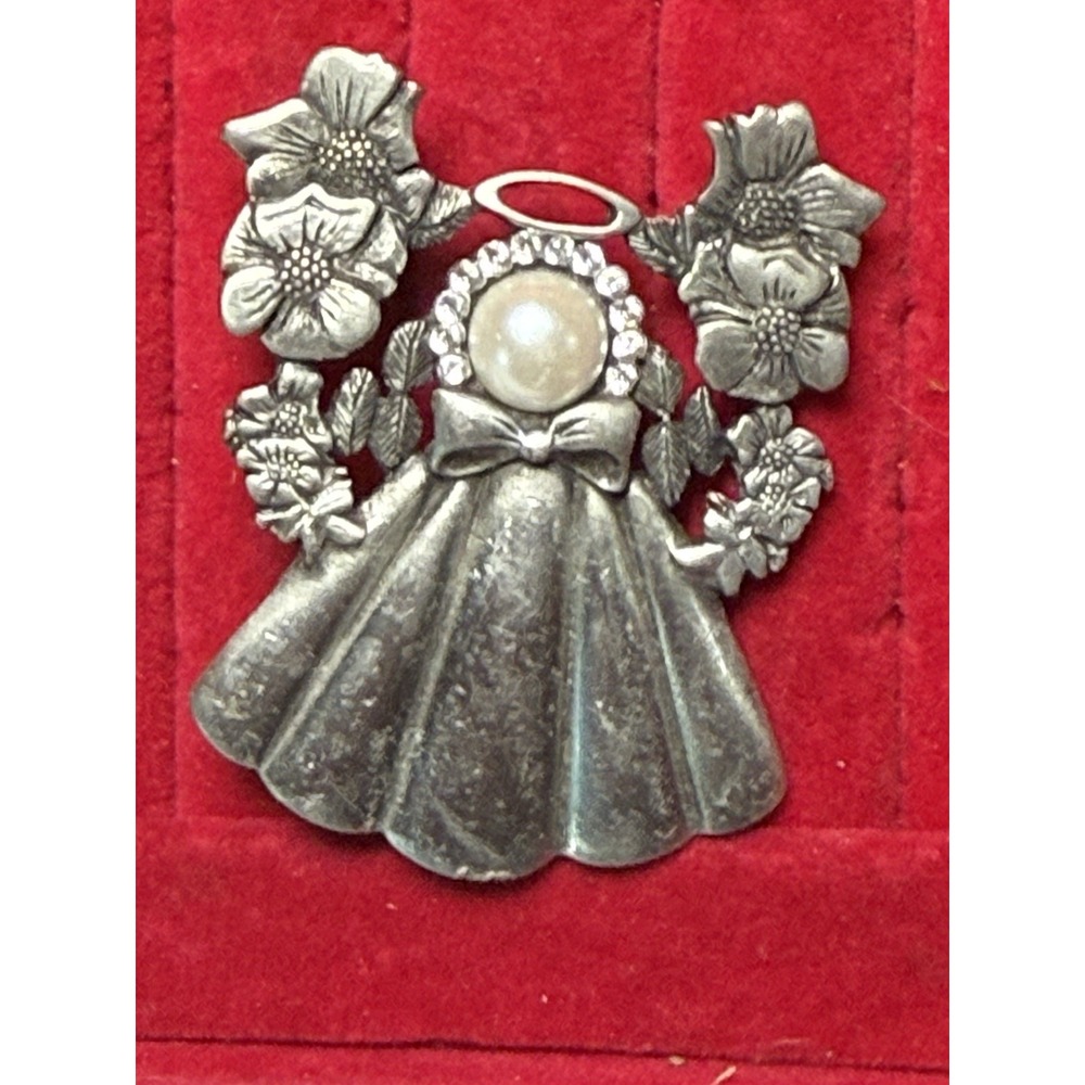 Vintage Signed JANE‎ Angel Brooch Pewter Pearl Rhinestone Dogwood Flower Pin